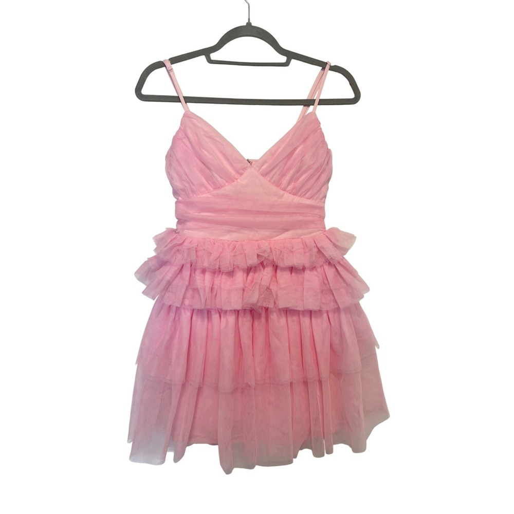 NWT Lulus Special Poise Pink Tulle Pleated Sleeveless Tiered Mini Dress Sz XS - Picture 4 of 7